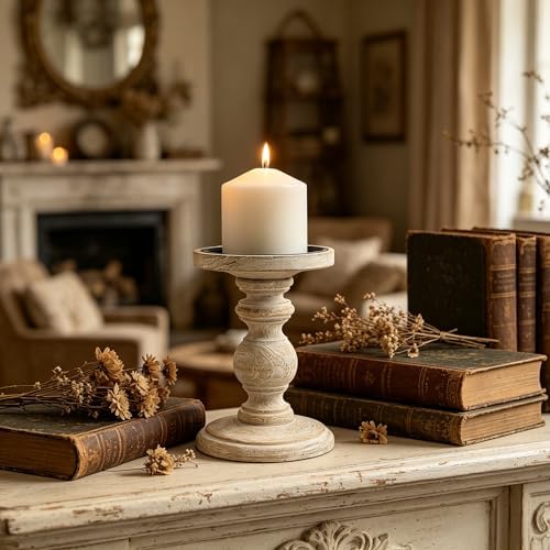 Hosley Antique White Wooden Pillar Candle Holder 7 Inch High - Rustic Country Farmhouse Decor, Wedding Centerpiece, Home Accent Gift - Image 7