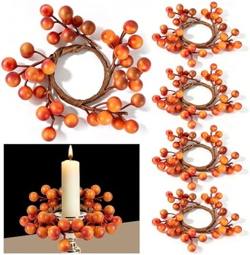 6 PCS Fall Taper Candle Rings Wreaths 1.38" Mini Thanksgiving Taper Candle Holder Wreaths with Orange Berries Autumn Harvest Table Centerpieces Wreath for Wedding Farmhouse Home Candlesticks Decor by Unknown