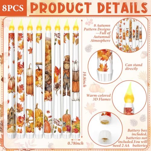 Lounsweer 8 Pcs Fall Flameless Taper Candles LED Candles 10'' Wick Flickering Electric Tall Flameless Candlesticks Battery Operated for Thanksgiving Fall Autumn Home Party Decor - Image 5