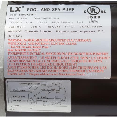 Hot Tub Spa Pump, 3HP, 2-speed: 3450 RPM high/1725 RPM low, 56 Frame, LX Motor Water Pump, 220-240V/60Hz input, Insulation Class F, Protection IPX5, Pool Pump (56WUA300-II)
