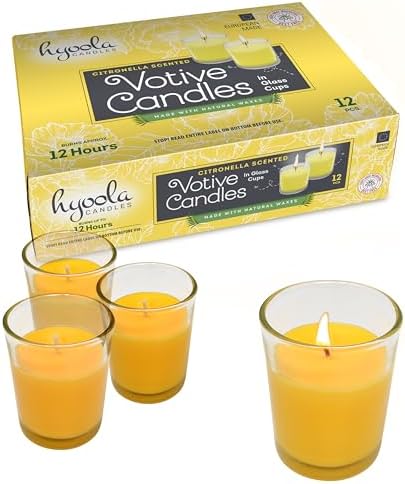 Hyoola Citronella Candle Votives in Glass Cup, Indoor and Outdoor Decorative and Mosquito, Insect and Bug Repellent Candle, Natural Fresh Scent, 12 Hour Burn Time, Made in Europe (Pack of 12) by Hyoola