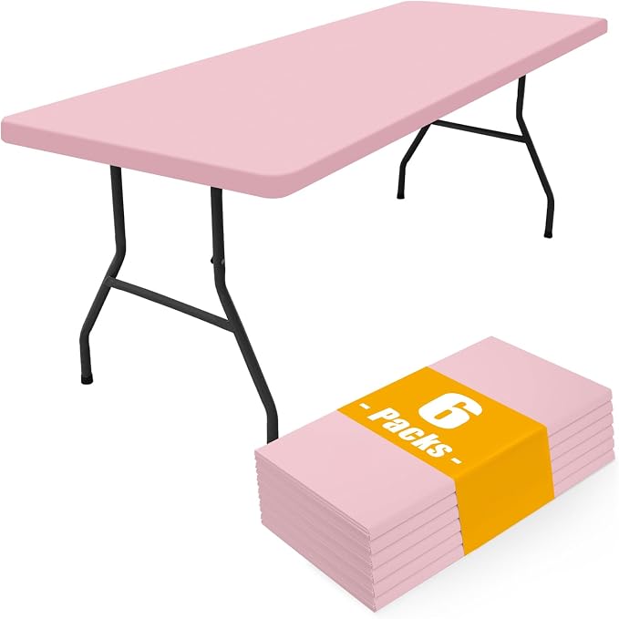 Smiry 6 Pack Rectangle Picnic Table Cloth, Waterproof Elastic Fitted Tablecloths, Washable Polyester Rectangular Patio Table Cover for Camping, Indoor and Outdoor (Pink, 30"x96")
