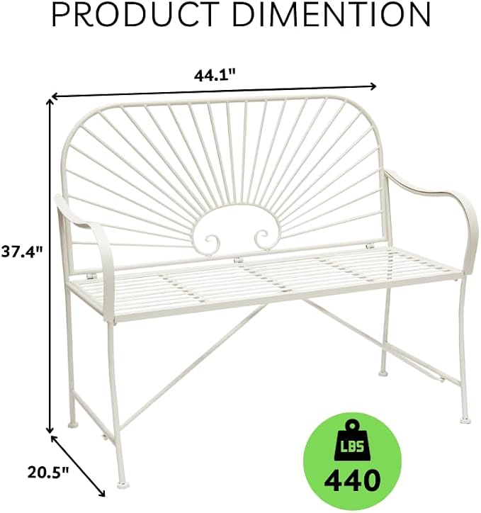 XBrand 44" L Iron Sun-Patterned Seat for Two, Patio & Porch Furniture for Park, Yard, Lawn, Balcony, Backyard – White