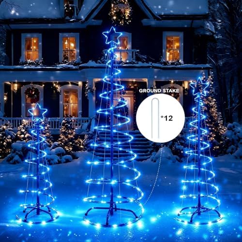 3 Packs Christmas Spiral Tree with Lights, 3/4/5 FT Lighted Xmas Collapsible Tree with Metal Stakes for Indoor & Outdoor, Yard, Porch, Garden Holiday Decor (Blue, 3-4-5 FT) - Image 3