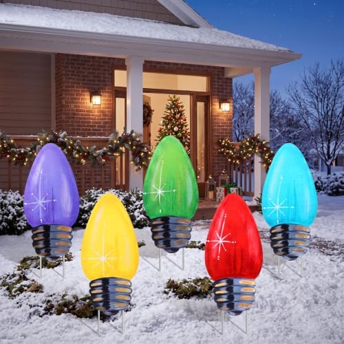 5 Pcs Christmas Decorations Outdoor Light Bulb Metal Yard Signs by Otoolling