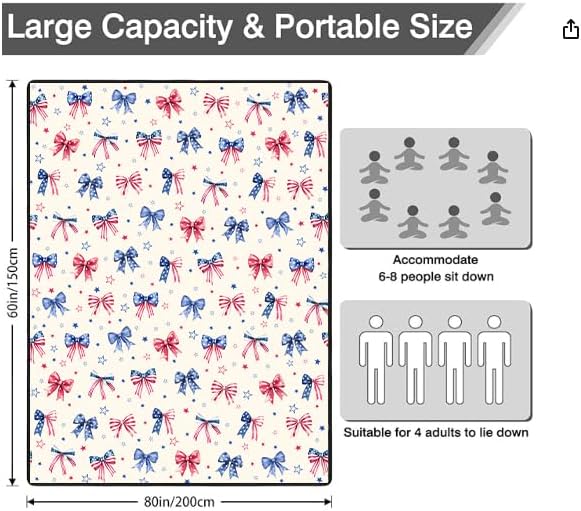 60’‘x80'' 4th of July Blankets Waterproof Foldable American Flag Portable Outdoor Picnic Mat Water Resistant for Grass Padded Lawn Park Blanket for Camping,Patriotic Military Gifts for Fathers Day