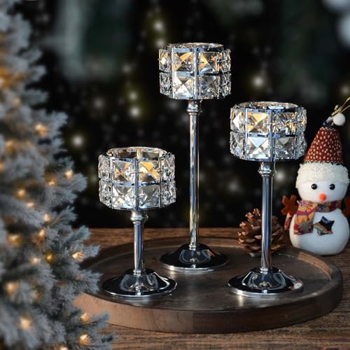Crystal Metal Candle Holder, Square Crystal Beads Bling Tea Light Candlestick, Tall Votive Candelabra Elegant Centerpiece for Table Wedding Decoration, Home Decor (Silver, 4 Set (12pcs) - Image 4