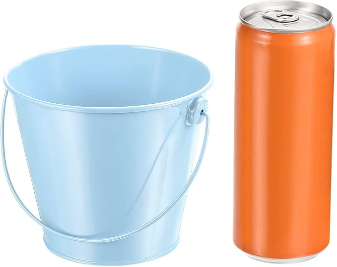 PATIKIL 4.7 Inch Colored Metal Buckets, 4 Pack Pencil Holder Buckets Round Metal Planter Pails Container with Handles for Classroom Crafts, Light Blue