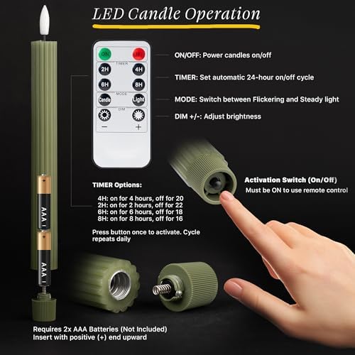 12 Pack, 10" LED Flameless Real Wax Sage Olive Loden Green Fluted Ribbed Grooved Taper Candles, Remote & 24h Timer Memory, On/Off Button, Dimmable, Flicker Mode, Battery Operated, Wedding - Image 5