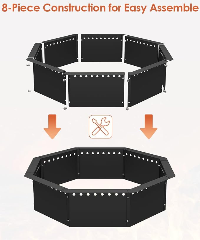 Mocomax Smokeless Fire Pit Ring 32-Inch Outer 28-Inch Inner Diameter, Large Solid Steel Firepit Liner for Outside Wood Burning, DIY Campfire Ring Above or In-Ground for Outdoor, Octagonal