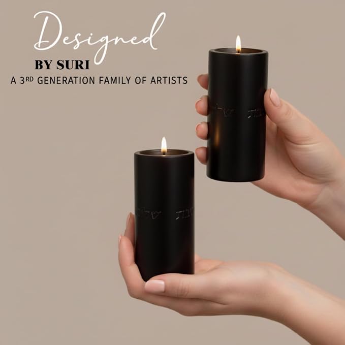 SURI Concrete Shabbat Candle Holders in Black | Jewish Judaica Gift Set with Modern Shabbat Candle Holders | Tall & Short, Ideal Shabbat Set for Tea Lights (Tealights not Included)