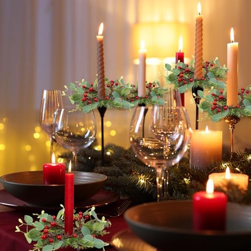 6 PCS Christmas Pine Taper Candle Rings Wreaths 1.38" Mini Norfolk Cedar Taper Candle Holder Wreaths Candle Rings with Berry for Xmas Winter Holiday Church Home Table Centerpiece Candlesticks Decor - Image 6