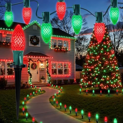 Brightown C9 Christmas Lights Outdoor, 25.7 Ft Strawberry C9 Pathway Lights with 20 LED Bulbs and Stakes, Christmas Decorations Outside Walkway Sidewalk Holiday, Red and Green by Brightown