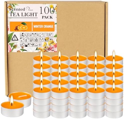 100 Pack Scented Tealight Candles 4 Hours, Winter Orange Aromatherapy Candles for Votive Home, Wedding Holiday and Emergency (Orange) by fclayvts