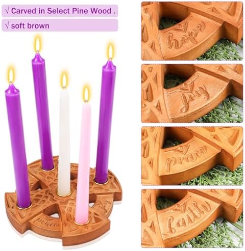 Nitial Christmas Advent 5 Candles Holder Wood Ring Shaped with Celtic Knot Nativity Candleholder for Xmas Home Church Prayer Party Table Centerpiece Decor Elegant Christian Religious Gifts - Image 2