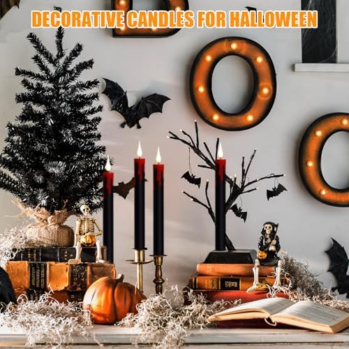 GenSwin Halloween Black Taper Flameless Candles Battery Operated with Remote Timer, 4 Pcs Drip Wax Flameless LED Candle Sticks with 3D Flickering Flame for Window Fireplace Decor (0.78 x 8.9 inches) - Image 5