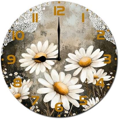 Chamomile Flowers Daisies Wooden Silent Non-Ticking 10 Inch Round Clocks Battery Operated Analog for Living Room Kitchen Bedroom Bathroom Office Home School Decor