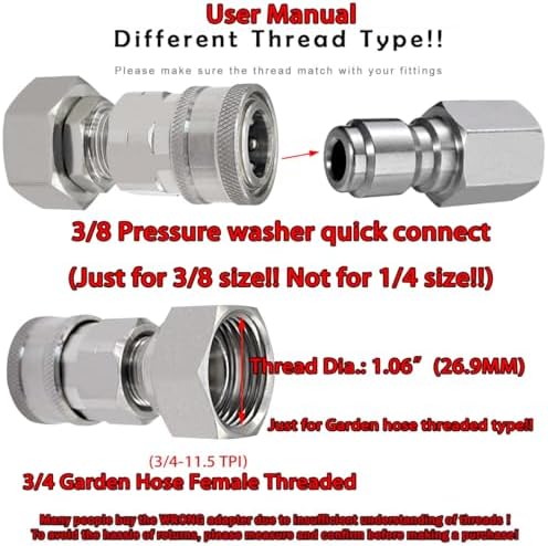 beduan 304SS 3/4 Garden Hose Female Threaded to 3/8 Pressure Washer Socket - Image 2