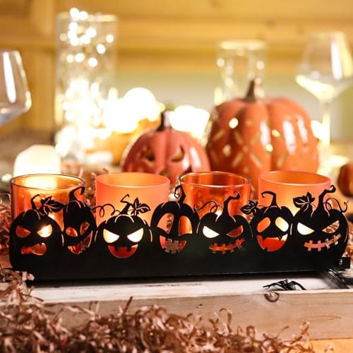 Jack o Lantern Halloween Candle Holder Set, 4 Orange Glass Votive Holders with Metal Pumpkin Charms & Wooden Tray, Spooky Indoor/Outdoor Halloween Decor for Parties, Mantel, Tables - Image 3
