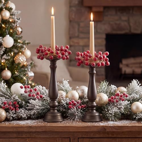 Daifunli 2 Pcs Christmas Frosted Red Berry Candle Ring Artificial Berry Wreaths for Pillar 1.25 Inch Candles Holder for Winter Christmas Country Wedding Kitchen Table Centerpiece Decor by Huiinen