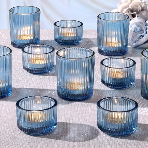 NITIME 10pcs Ribbed Blue Votive Candle Holders, Assorted Tea Light Candle Holder Glass, Blue Candle Holders for Table Centerpiece, Wedding Table Settings and Party Decorations by NITIME