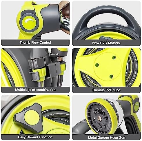 YASHINE 50ft Retractable Garden Hose Reel, Portable Hose Reel, 45+5FT with 10 Patterns Spray Nozzle, Adapts to standard US hose plugs, 50FT Hose Reel for Garden Watering Car Washing Pet -Green