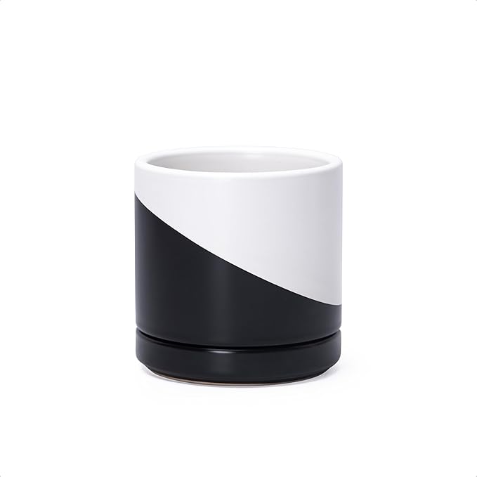 D'vine Dev 3.5 Inch Ceramic Planter Pot with Drainage Hole and Saucer, Indoor Cylinder Round Planter Pot, Oblique Monochrome Black and White, 94-O-A-K