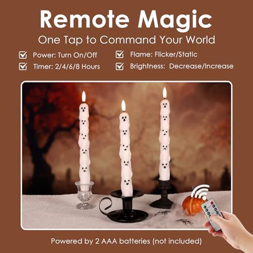 White Ghost Halloween Flameless Taper Candles with Remote Set of 2 - Image 5