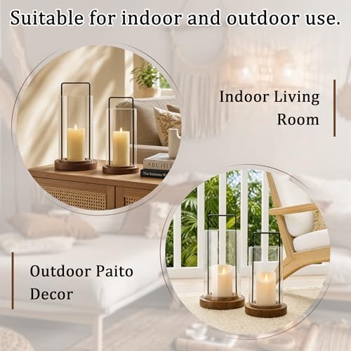 Farmhouse Hurricane Candle Holders Boho Pillar Candle Lantern Glass Wood - Image 4