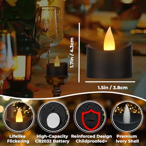 Black Flameless Tea Lights - 12 Pack Modern LED Candles for Men, Memorial Decor, Gothic Weddings & Industrial Home Style (Black Base, 12 Pack) - Image 4