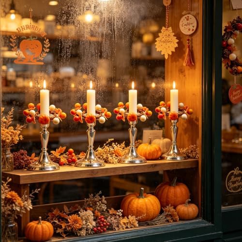 4 PCS Fall Taper Candle Rings 1.38" Mini Artificial Pumpkin Berry Taper Candle Holder Wreaths Thanksgiving Harvest for Pillar Candles Candlesticks Table Centerpieces Rustic Autumn Farmhouse Home Decor - Image 6