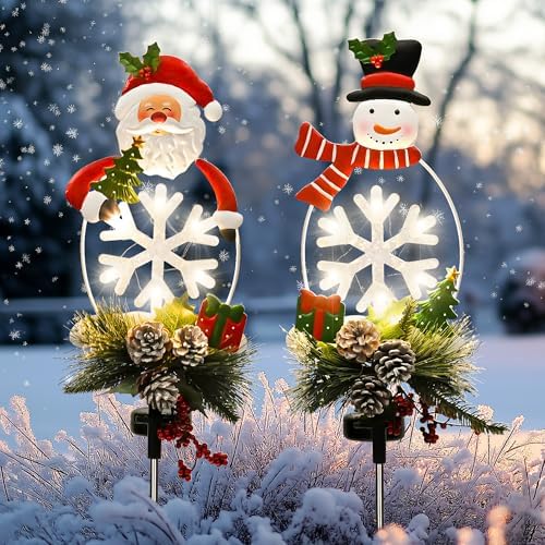 Solar Christmas Decorations Outdoor, Set of 2 Metal Santa and Snowman Solar Stake Lights,Christmas Lights Decor for Cemetery,Holiday,Yard,Lawn,Front Porch,Garden,Patio by Tisejoy