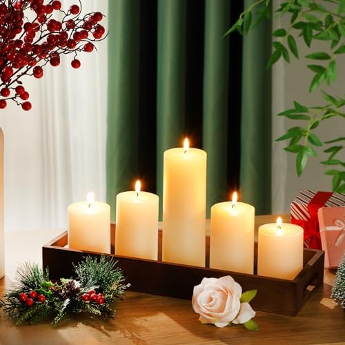 Shihanee Ivory White Pillar Candles and Long Narrow Wooden Candle Tray Set 5 Pcs Dripless Unscented Candles 1 Pcs Rustic Rectangular Centerpiece Candle Holder with Handle for Home Table Dining Kitchen by Shihanee