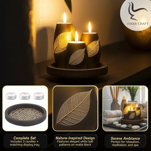 IYARA CRAFT Candle Holder Set with Tray – 3 Handmade Wood Tealight Holders, Black Leaf Design, Winter Home Décor, Spa-Inspired Holiday Centerpiece & Elegant for Women, Mom, Housewarming - Image 4