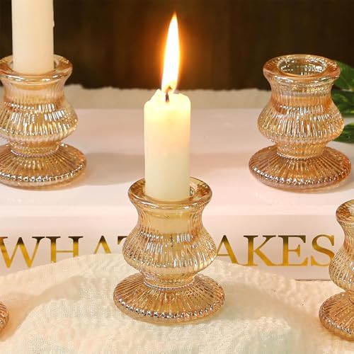 Glass Candlestick Holders Set of 6, Taper Candle Holder for Wedding Festival Christmas Party Valentine's Decor, Table Centerpieces (Amber) - Image 3