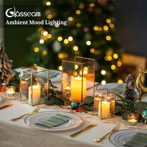 Glasseam Glass Hurricane Candle Holder: Set of 3 Gold Square Candle Holders for Pillar Candles Large for Table Centerpiece Wedding Christmas Decorative - Image 2