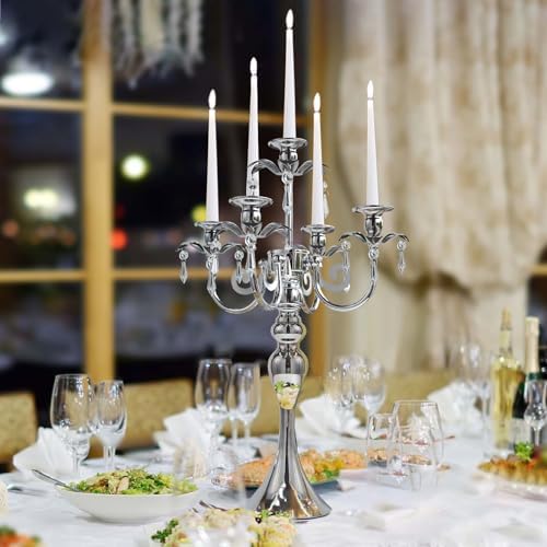 20.3'' Tall 5 Arm Candle Holder Centerpiece for Table, Metal Candelabra Candle Holder, Retro Candlestick Table Centerpieces for Party, Events, Home, Wedding Decor (1Pc, Silver) - Image 2