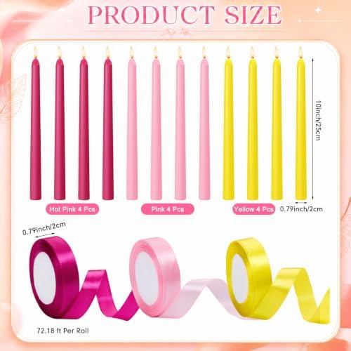 12 Pcs Pink and Yellow Party Taper Candles with 3 Roll Ribbon - Image 2