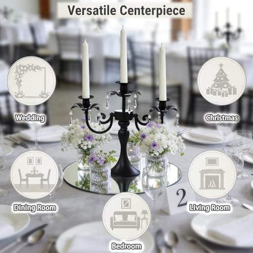 Metal 3 Arm Candelabra with Crystal Pendants - 11.8 Inch Tall Candle Holders, Set of 2 - Elegant Taper Candlestick Stand for Wedding, Dining Table, Christmas Party Home Decoration (2, Black) - Image 4