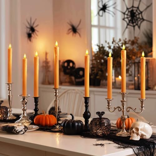 Homemory 6 Pcs Orange Flameless Taper Candles with Remote, Timer, Dimmer, Battery Operated CandleSticks with Flickering Light, Plastic Led Window Candles, for Halloween Decoration 9.6 Inches - Image 4