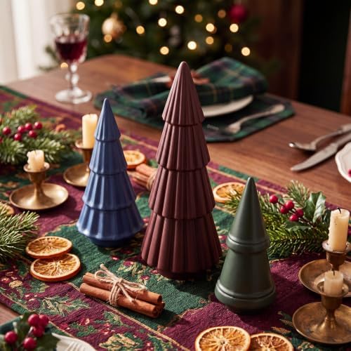 3 Pcs Neutral Christmas Tree Figurines,Burgundy Green Navy Blue - Image 2