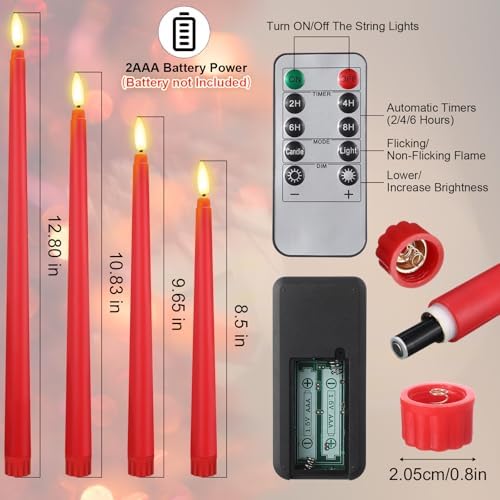 Rossesay 16 Pcs Red Flameless Taper Candle with Remote Timer - Image 3