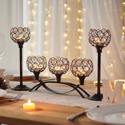 Crystal Tealight Candle Holder Centerpiece Home Decorative Candlestick Holder Elegant Table Centerpiece Home Decor Wedding Party Anniversary (Black, Set of 3) - Image 5