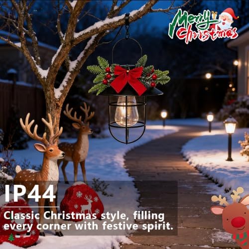 2 Pack Christmas Solar Hanging Lantern with Red Bow & Berry Decor - Image 6