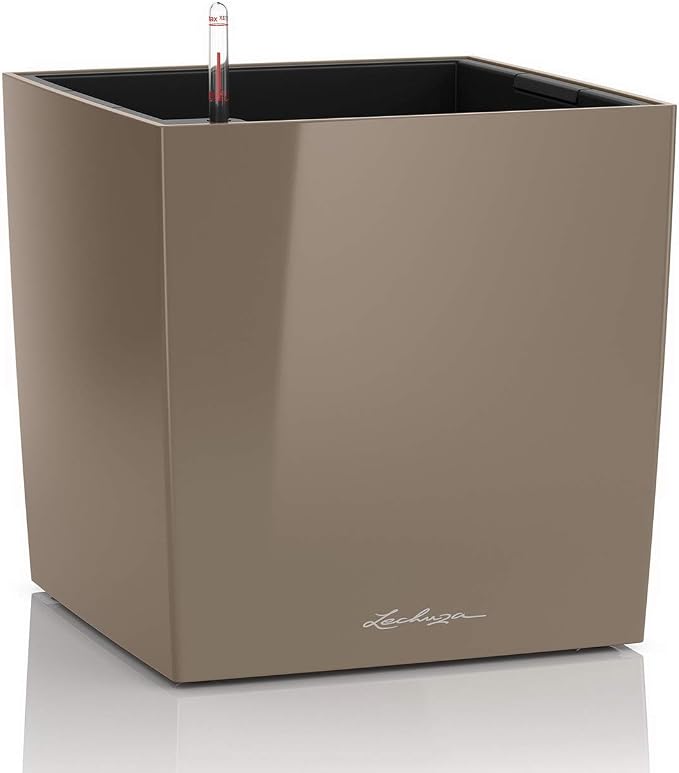 Lechuza Cube 50 Premium Shimy Taupe High Gloss, Self-Watering Square Planter, H19.3 L19.3 W19.3 in
