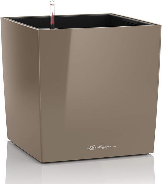 Lechuza Cube 50 Premium Shimy Taupe High Gloss, Self-Watering Square Planter, H19.3 L19.3 W19.3 in