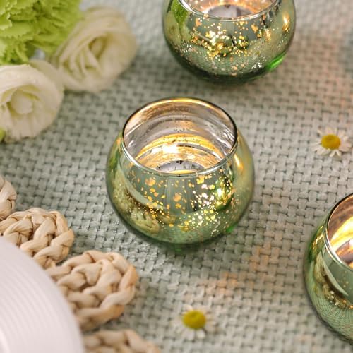 Volens 24PCS Green Votive Candle Holder Bulk, Round Mercury Glass Votives - Image 3