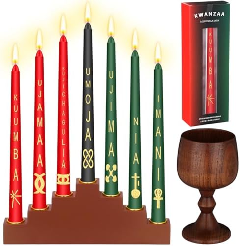 Ziliny 7 Pcs Kwanzaa Kinara Taper Candles Set with Kinara Candle Holder and Hand Made Jujube Wooden Unity Cup for Kwanzaa Festival Celebration Church Ceremony Decor by Ziliny
