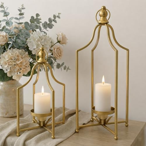 12.5" & 16.5" Timeless Cozy Decorative Lanterns Set of 2, Handcrafted Metal Iron Candle Holders, Farmhouse Elegance Fireplace Mantel Table Festive Gatherings Decor (Antique Gold) by FenisamDecorYourChoice