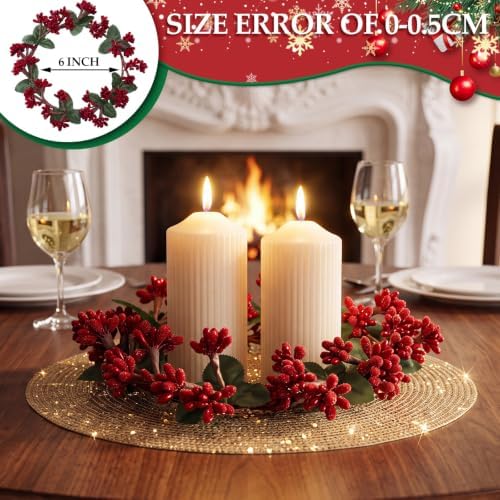 Daifunli 2 Pcs Christmas Red Berry Candle Ring Artificial Winter Red Berry Wreaths Candle-Ring for Pillar 6 Inch Candles Holder for Winter Christmas Country Wedding Kitchen Table Centerpiece Decor - Image 2